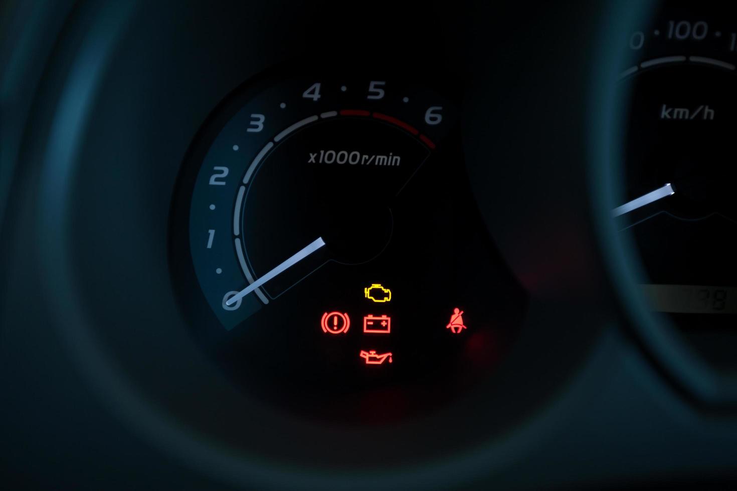 Set of car dash boards engine meter, warning symbol, on black background, Concept warning check the engine photo