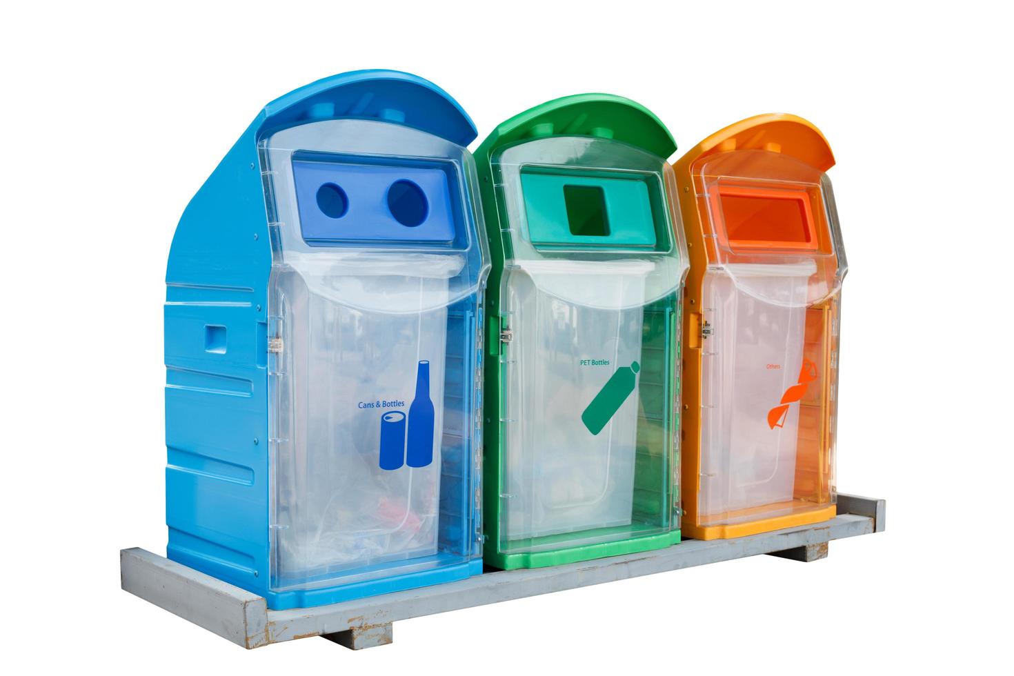 Three recycle containers for glass, plastic ,other isolated on white background photo