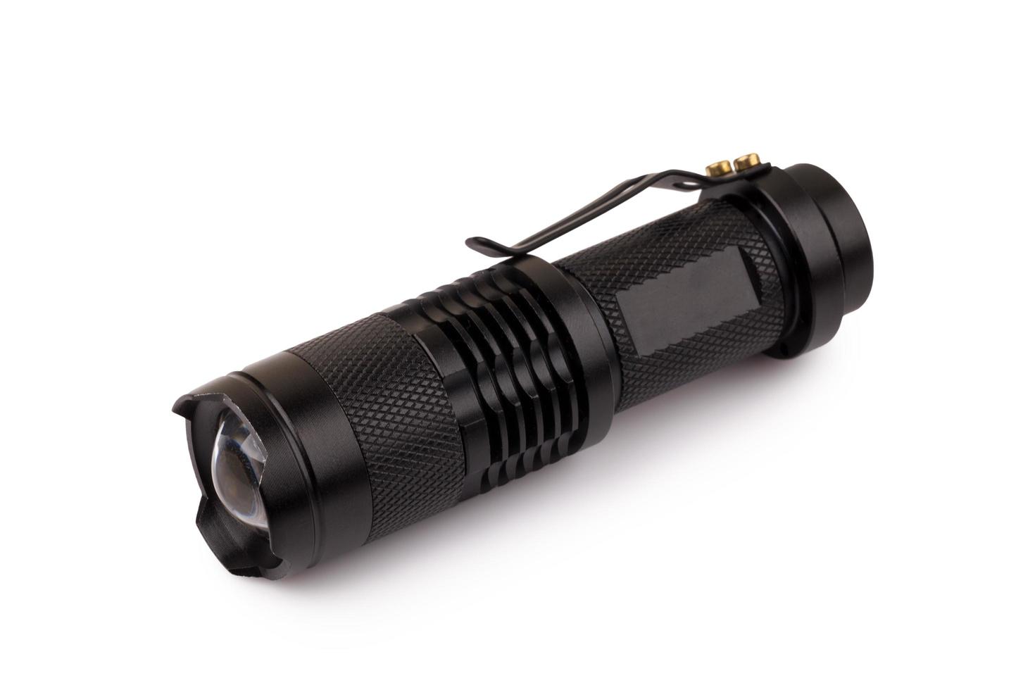 black metallic flashlight isolate on white background photo