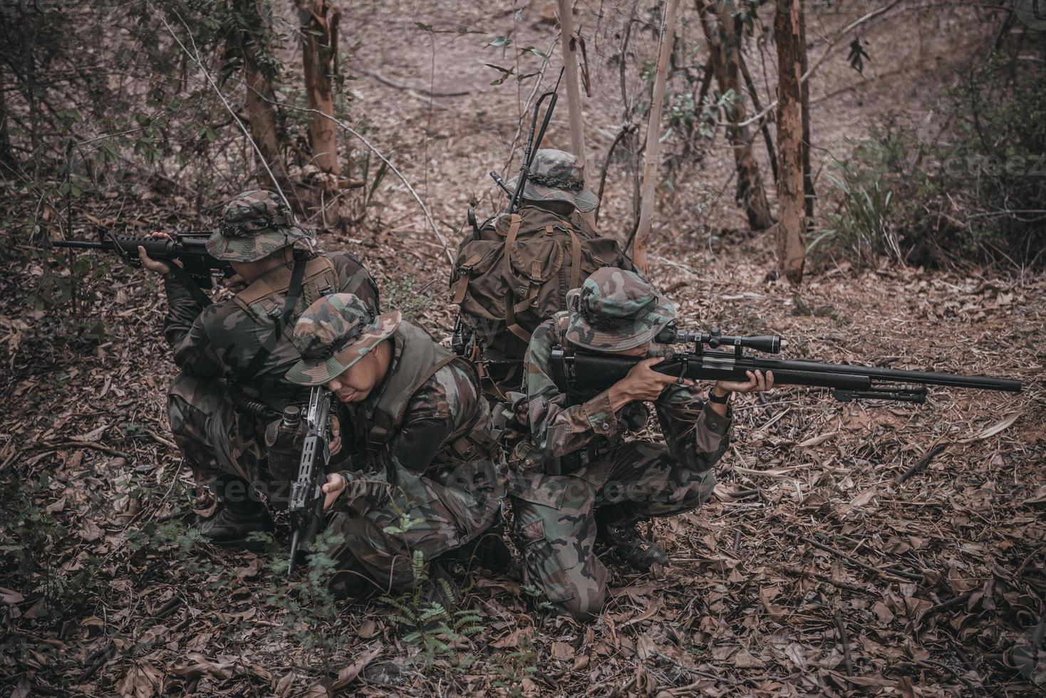 Team of army soldier with machine gun moving in the forest,Thai militia soldier in combat uniforms in the wood,Wander the patrol sloping in the rainforest. photo