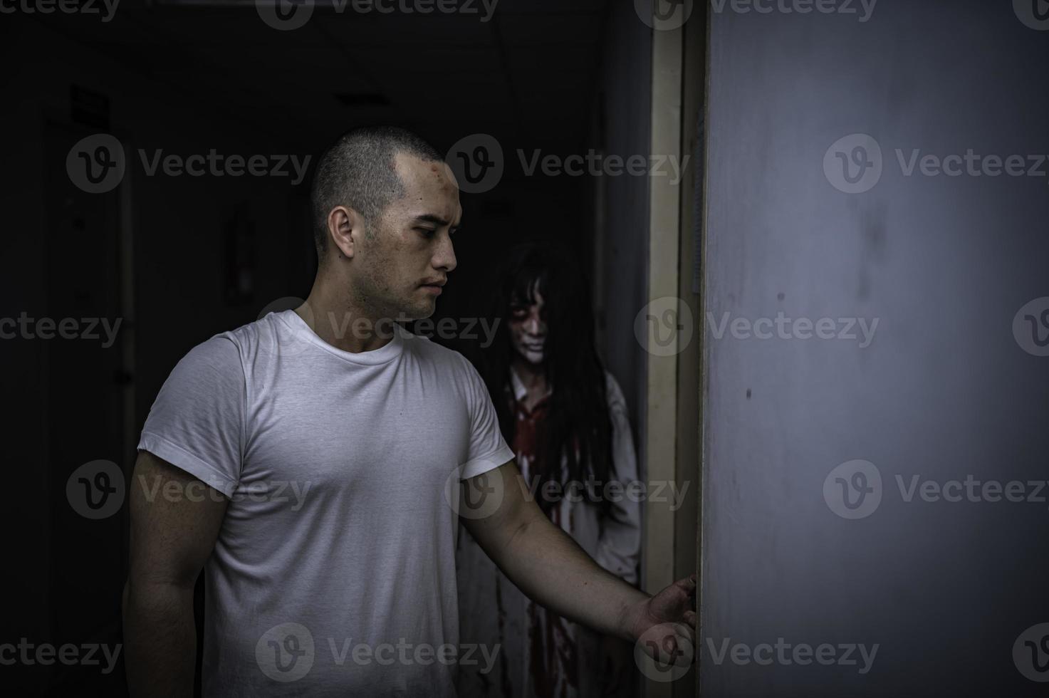 Portrait of asian woman make up ghost,Scary horror scene for background,Halloween festival concept,Ghost movies poster,The souls of the murderous lovers photo