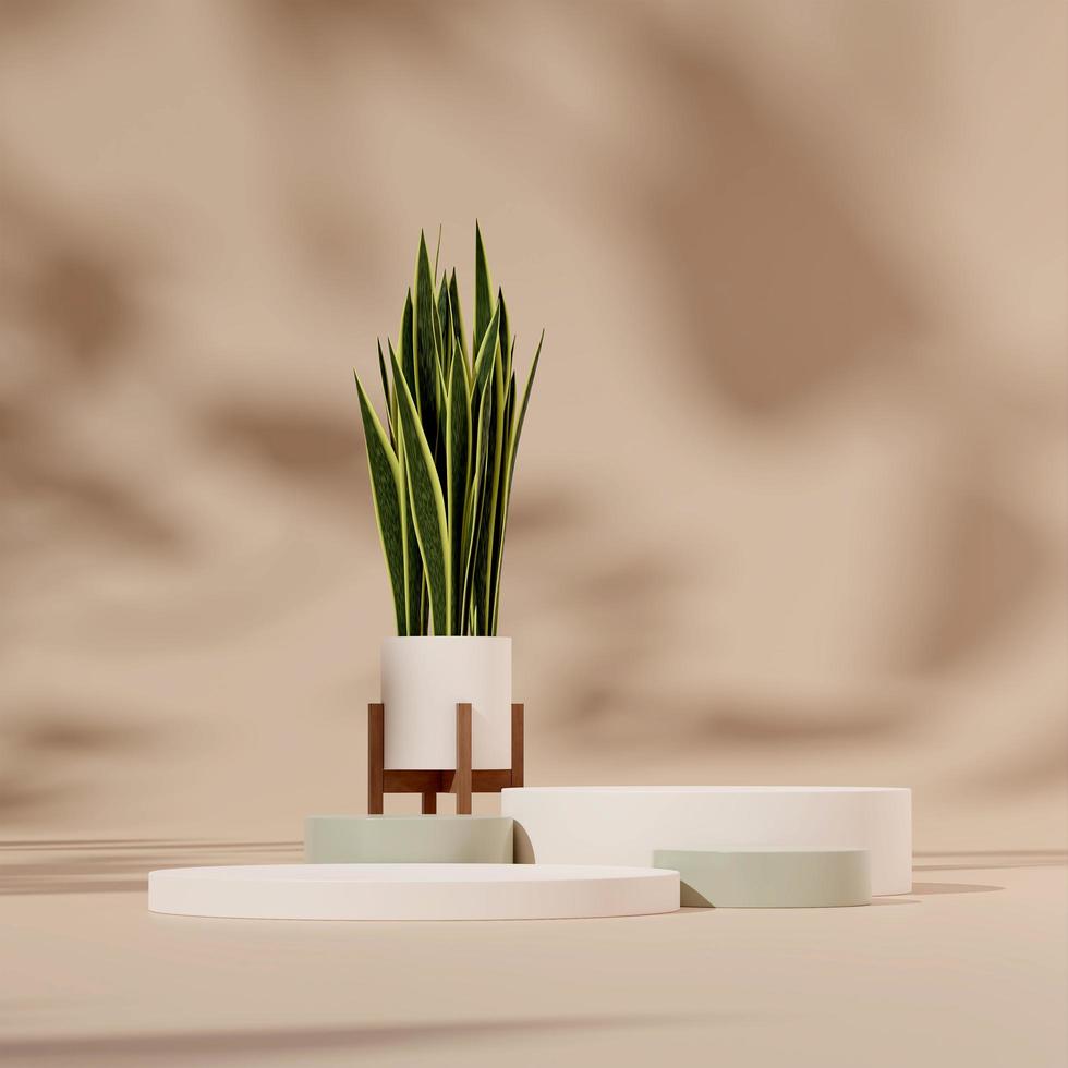 Maqueta de plantilla de renderizado 3d podio verde blanco en cuadrado con planta de serpiente y fondo tostado foto