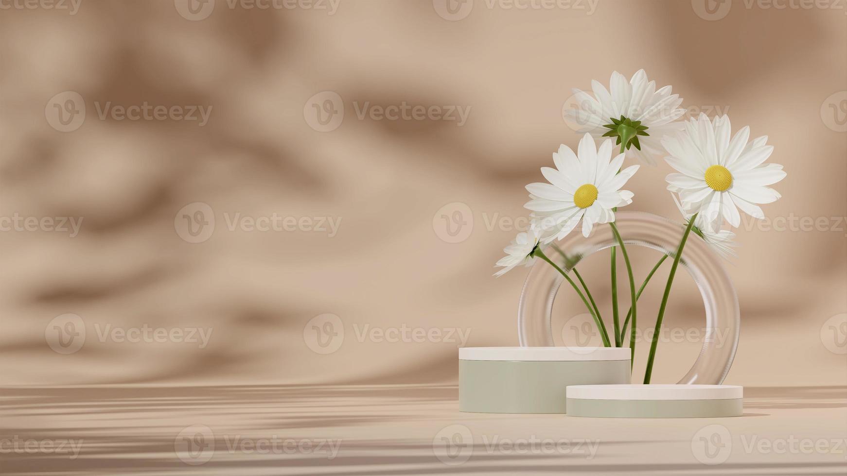 3D rendering mock up green and cream podium in landscape with daisy flowers and glass decoration photo