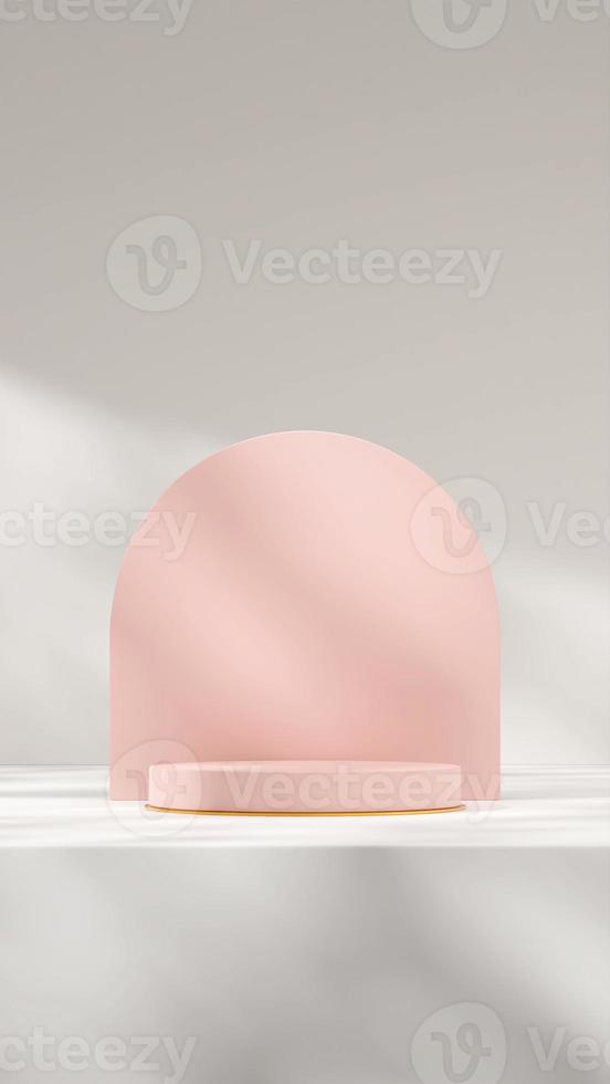 Minimal 3d rendering template mockup of pink podium with arch backdrop and white wall in portrait photo