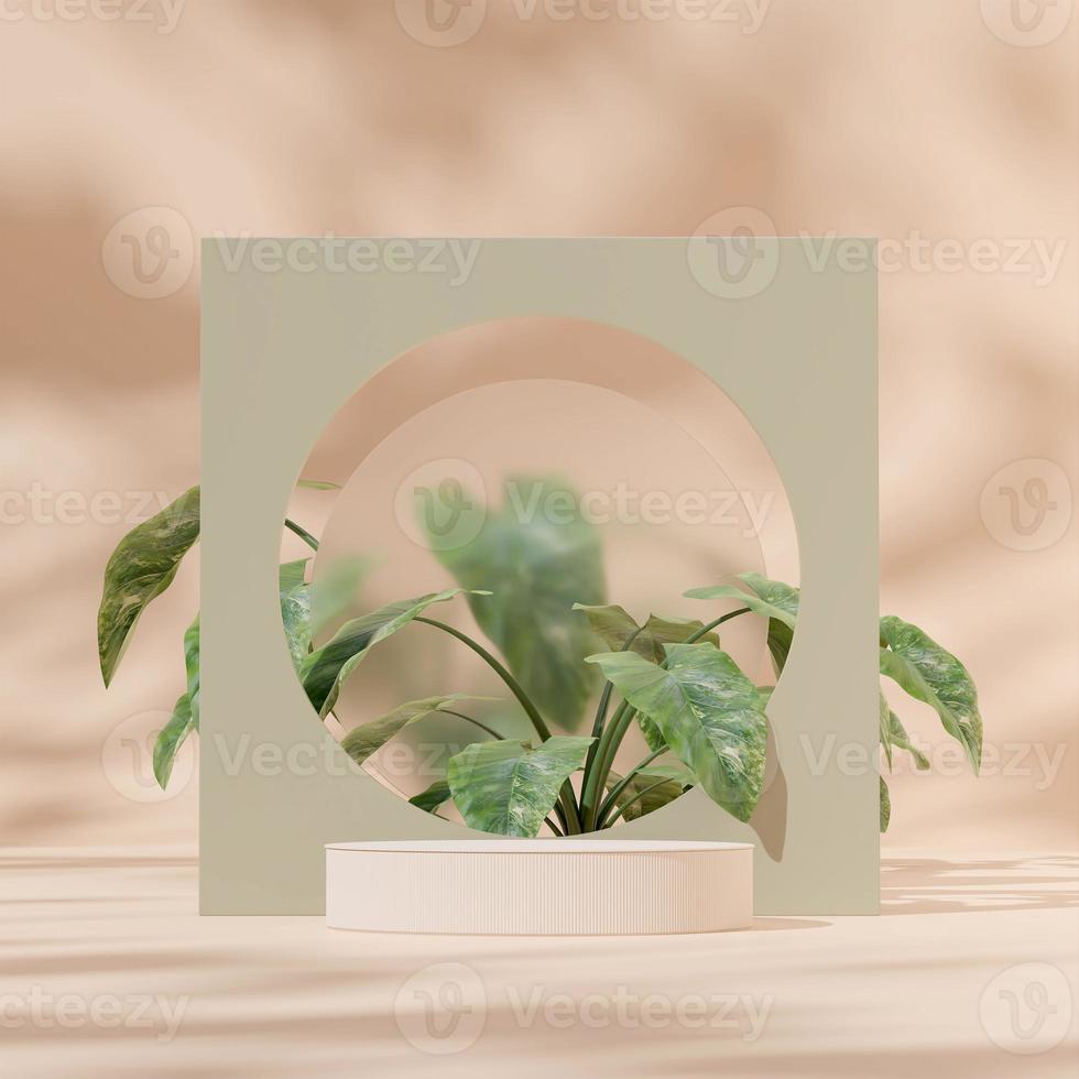 3D rendering mockup template white podium in square with green arch, blurred glass, and alocasia photo