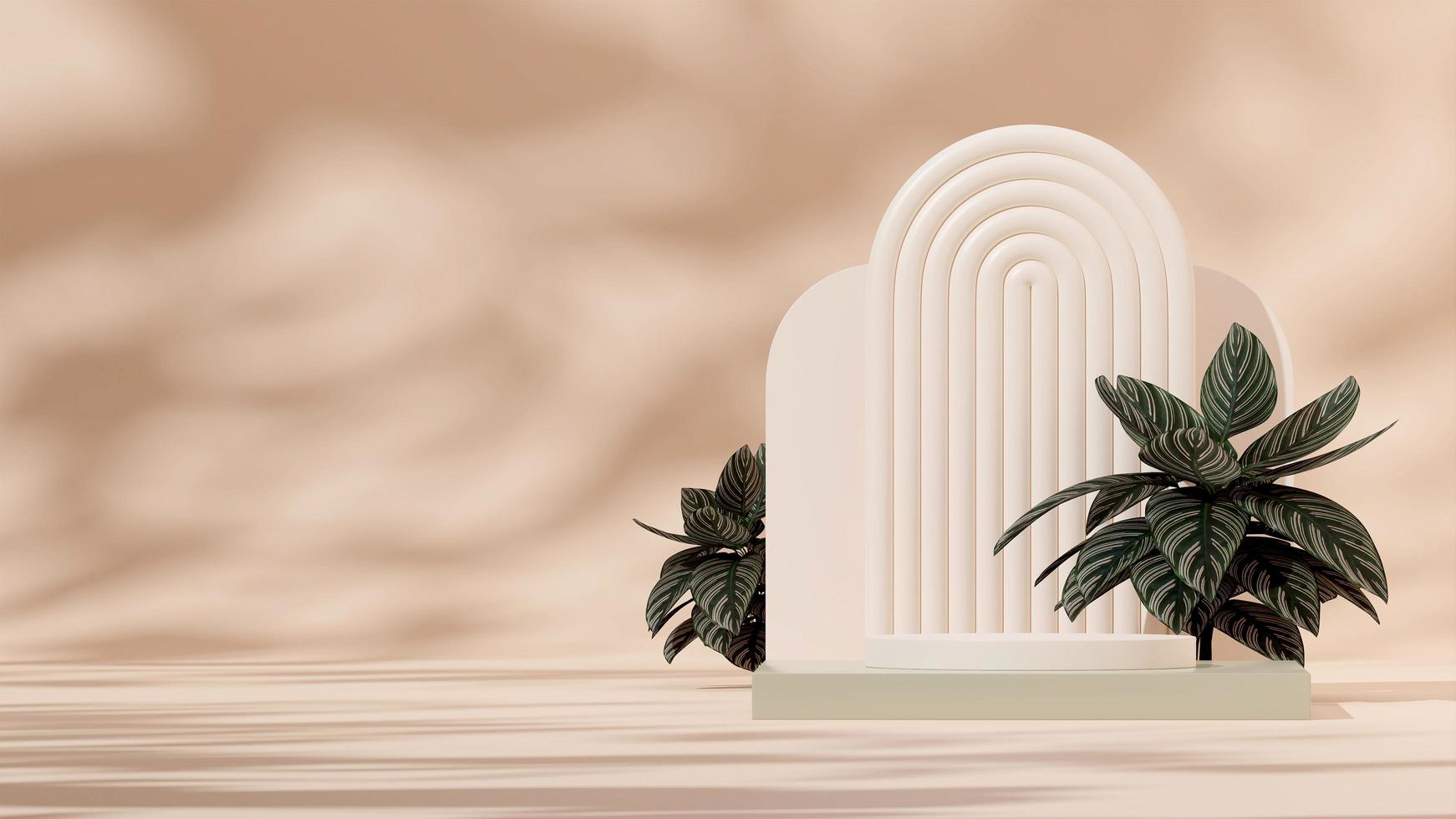 3D render mockup template of white green podium in landscape with pink stripe calathea and arch photo