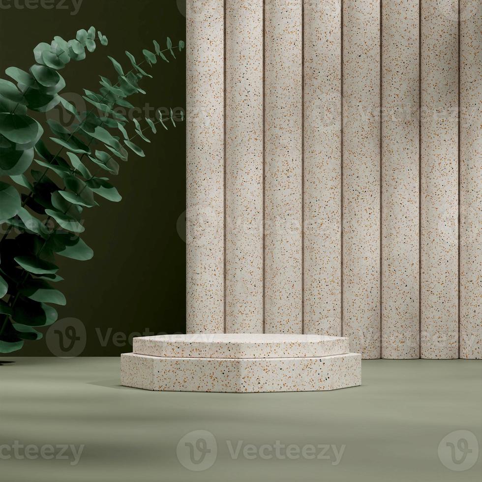 3d render template mock up of terrazzo podium in square with green plants in the background photo
