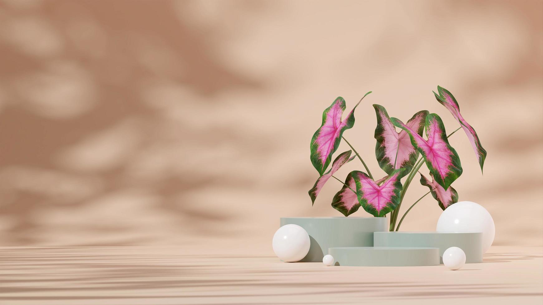 3D render template empty green podium for mockup in landscape with white sphere and pink caladium photo