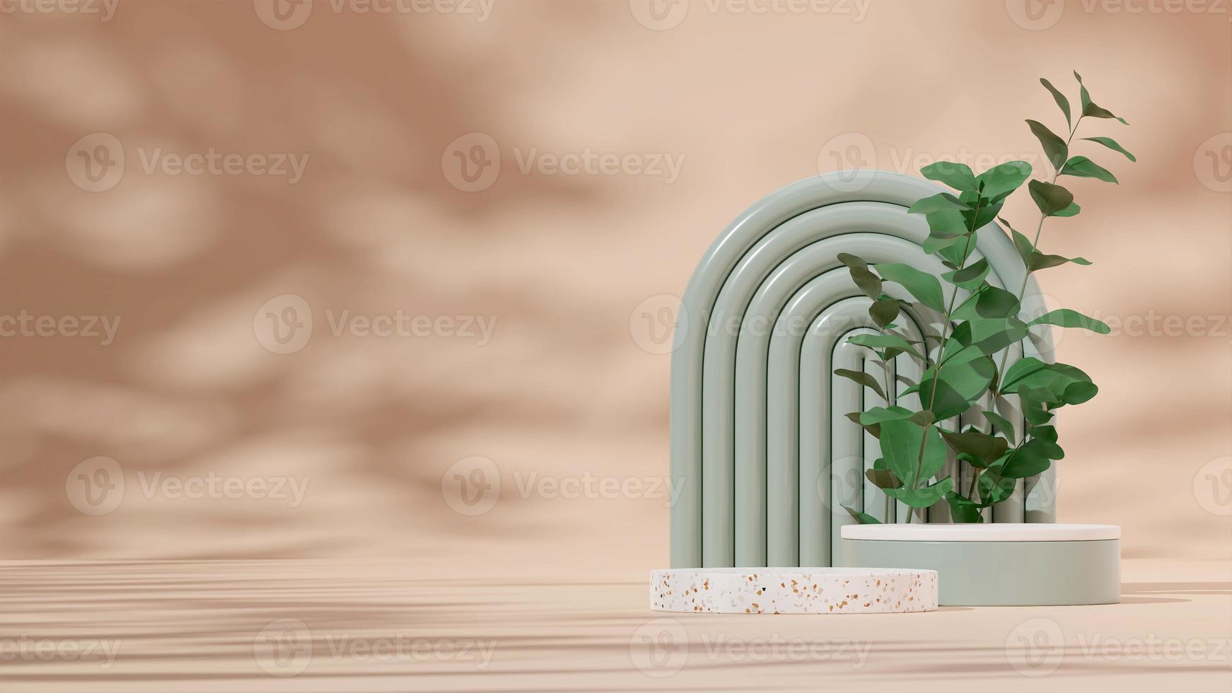 3D render template terrazzo and green podium in landscape with leaf plant and light brown background photo