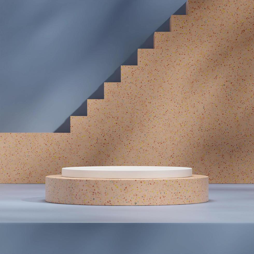 Minimal brown terrazzo stair and white podium 3d rendering mockup blue background in square photo