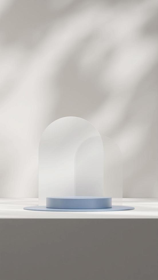 3d rendering mockup of blue podium in portrait with white and glass backdrop photo