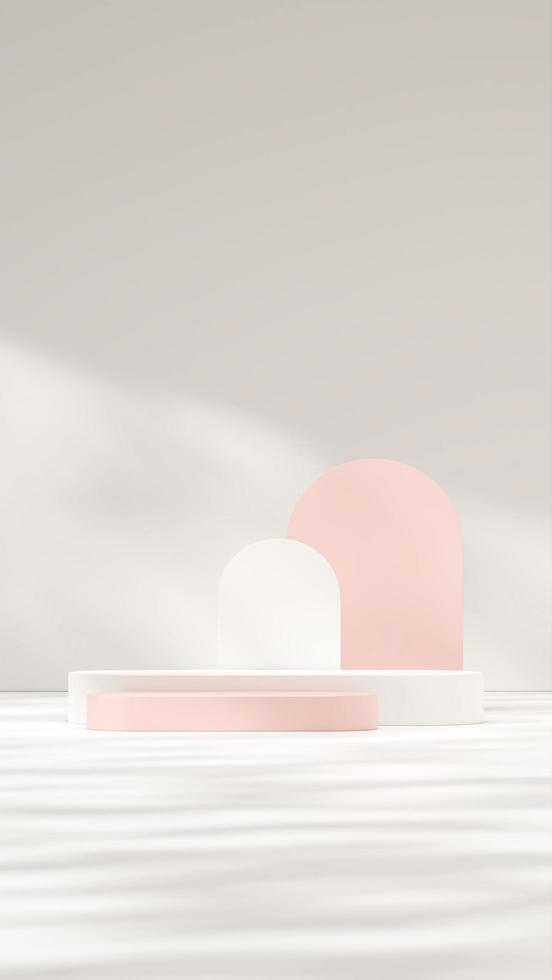 3d template render mock up of pink and white podium in portrait with arch backdrop and wall photo