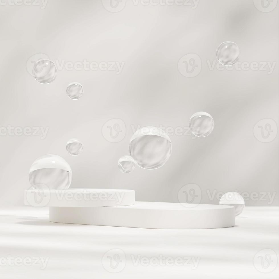 3d rendering mockup of white podium in square with floating glass sphere backdrop photo