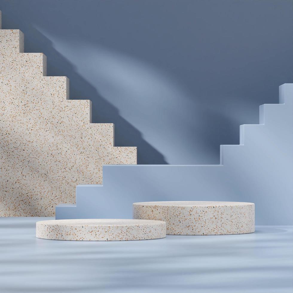 template 3d render mockup of terrazzo podium in square with stair backdrop and blue background photo