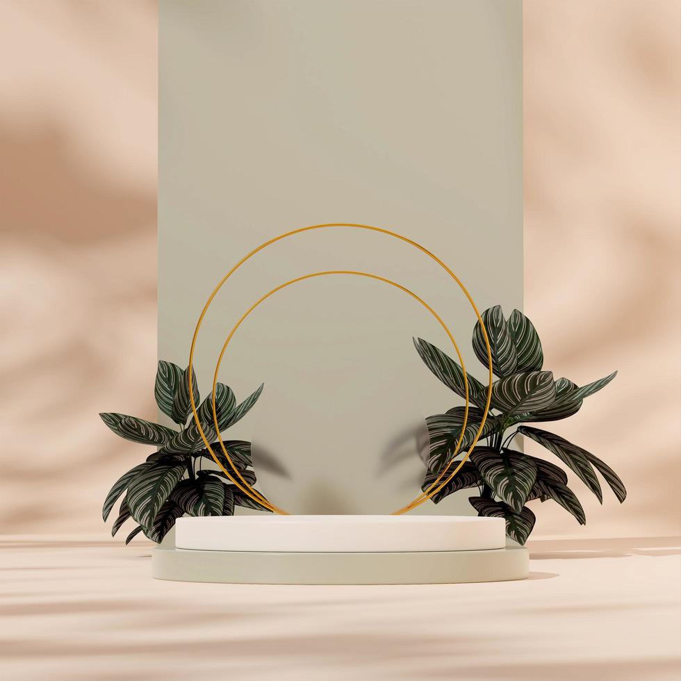 Plantilla de maqueta de renderizado 3d podio verde blanco en cuadrado con calathea de rayas rosas y anillo de oro foto