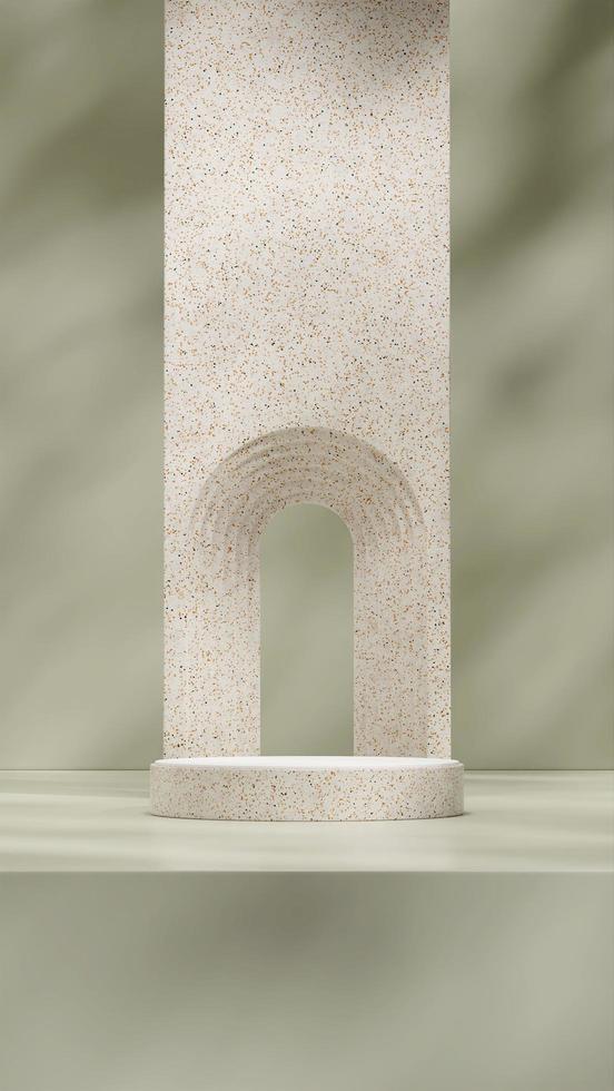 3d rendering mockup of terrazzo and white podium in portrait with arch and green background photo