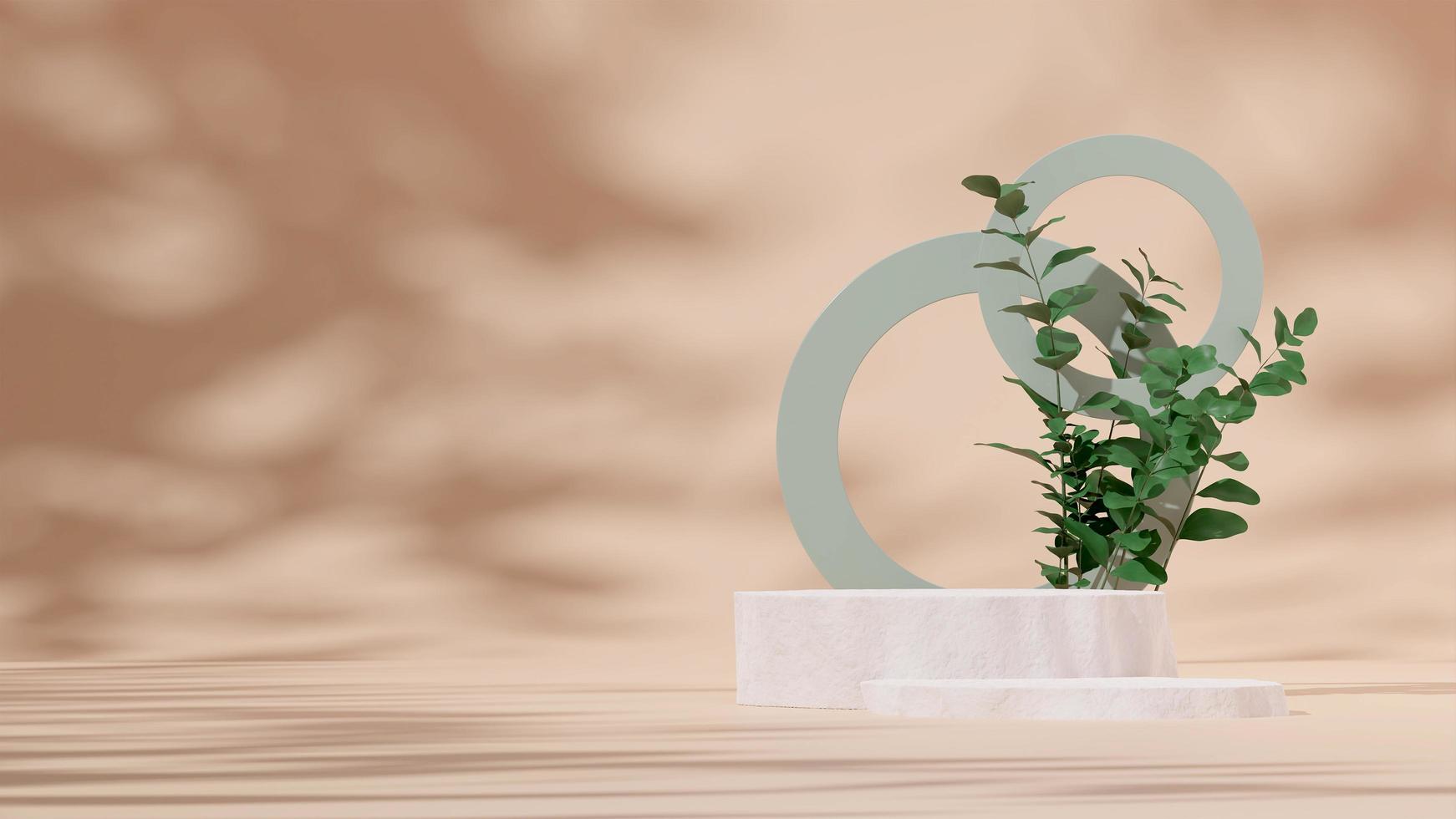 3D render template stone podium in landscape with green plants and light brown background photo