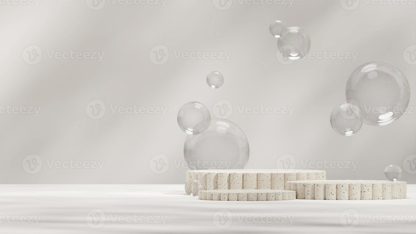 3d rendering image mockup light yellow ceramic podium in landscape with transparent soap bubble photo