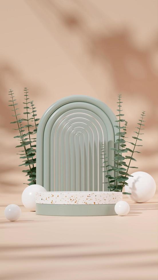 3D render template terrazzo podium in portrait with white sphere, plants, light brown background photo