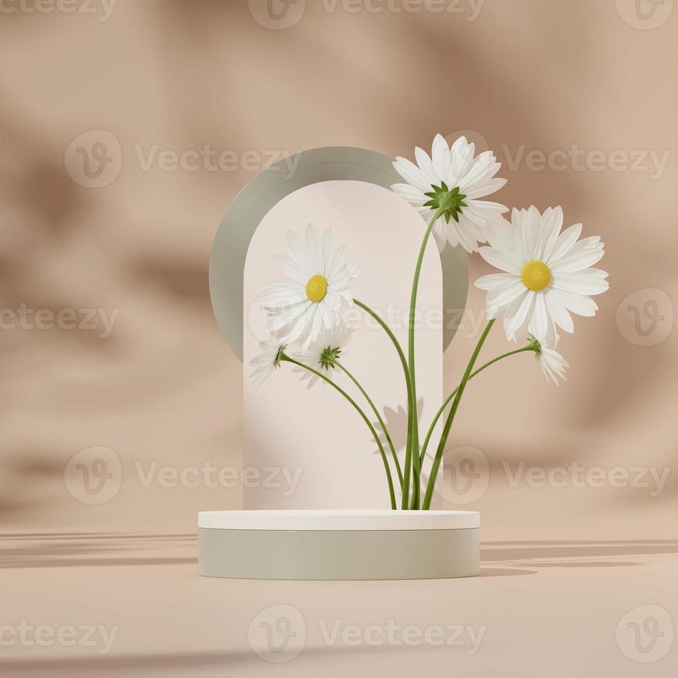 Podio blanco de plantilla de renderizado 3d en cuadrado con fondo, margarita blanca y fondo marrón foto