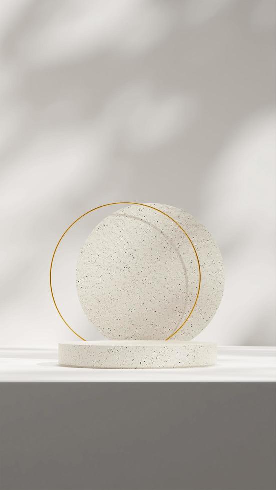 plantilla de maqueta de representación 3d de fondo de anillo de oro y podio de textura cerámica mínima en retrato foto