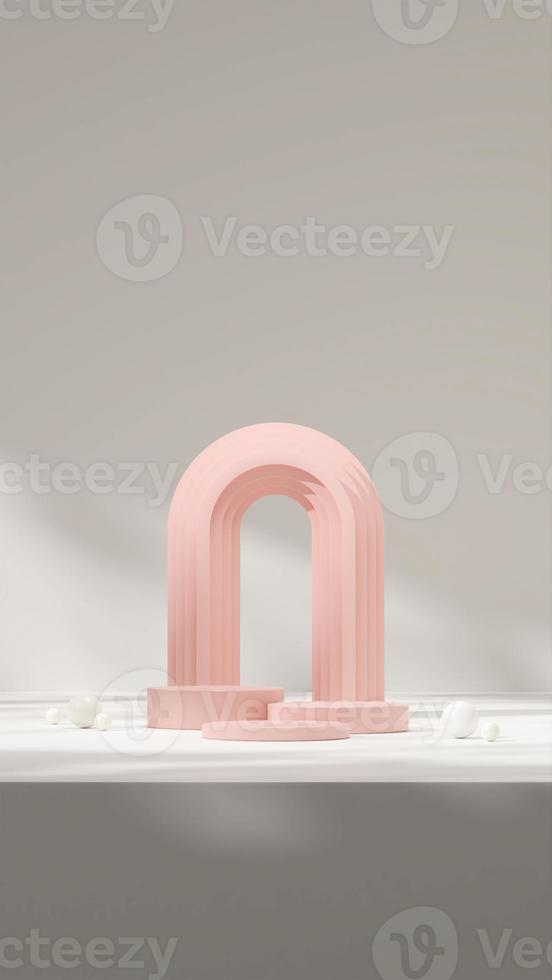 3d render template mockup of pink podium in portrait with arch backdrop and white sphere photo