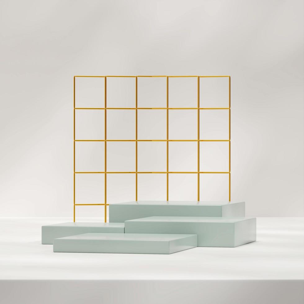3d rendering mockup template of green podium in square with gold backdrop and sun shadow photo