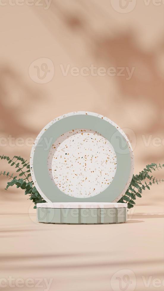 3D render template white green podium in portrait with plants, terrazzo backdrop, brown background photo