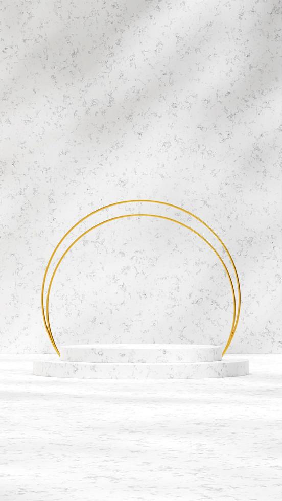Podium in 3d rendering texture mockup in portrait with white marble wall, gold ring, and shadow photo