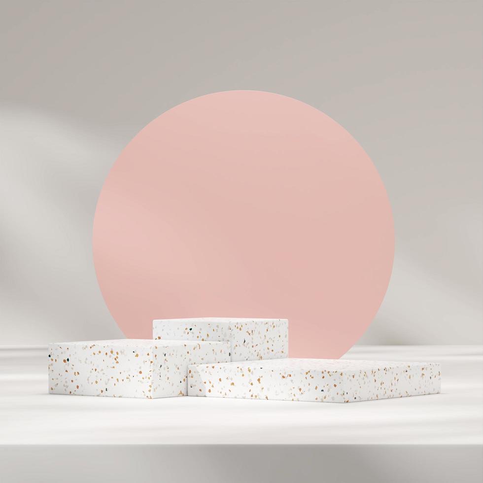 3d rendering mockup of terrazzo podium in square with pink backdrop and sun shadow background photo