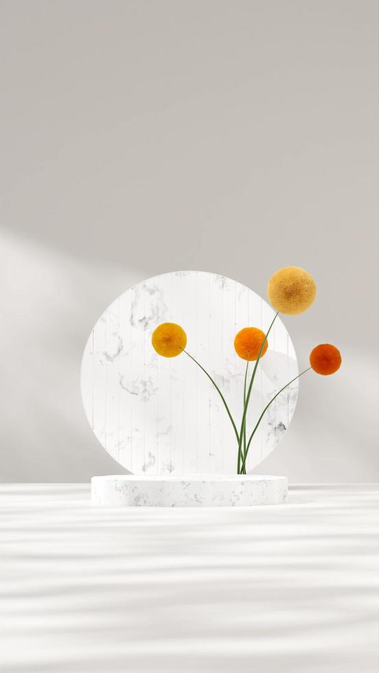 3d rendering mockup template of marble podium in portrait with circle, plant, and white wall photo