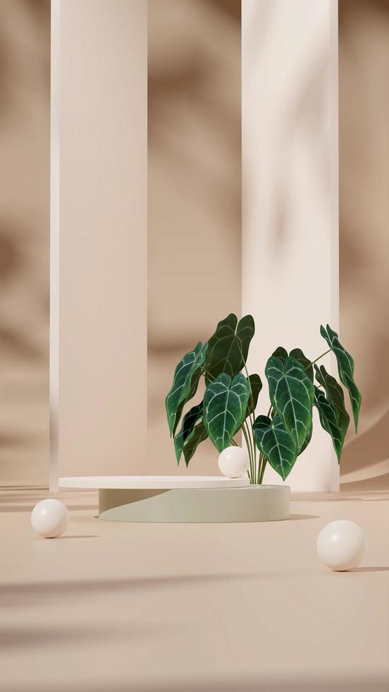 3D rendering template green and almond podium in portrait with sphere decor and anthurium plant photo