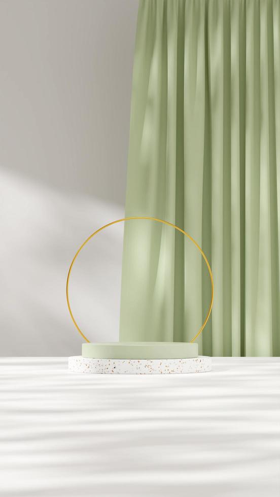3d render template mock up of green and terrazzo podium in portrait with gold ring and curtain photo