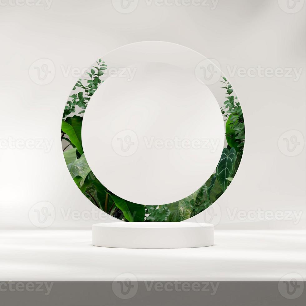 3d rendering mockup template of white podium in square with green plant and sun shadow background photo