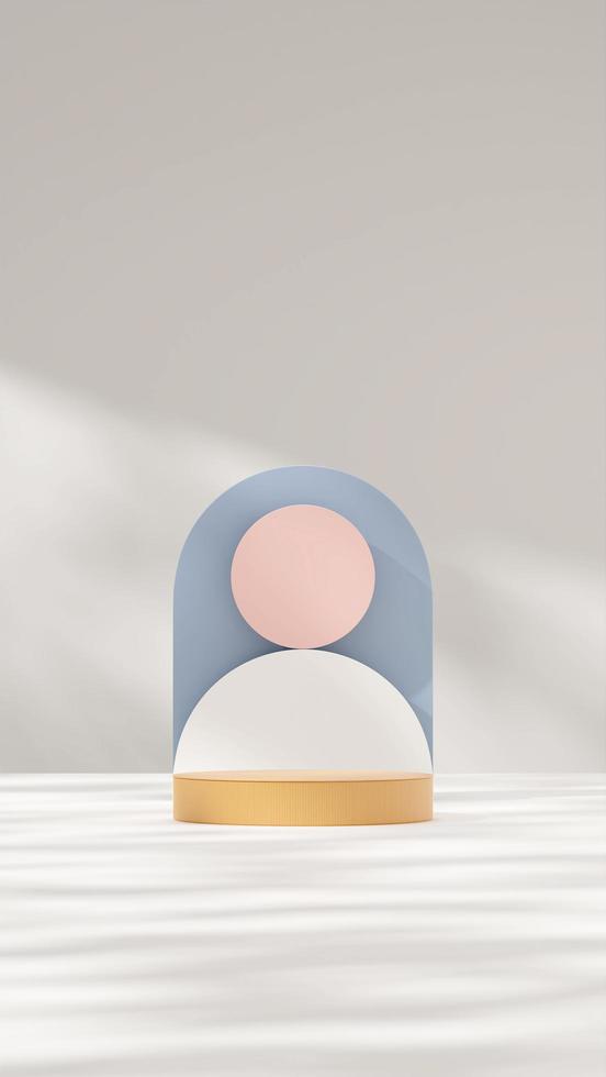 3d render template mock up of yellow podium in portrait with blue arch and pink circle background photo