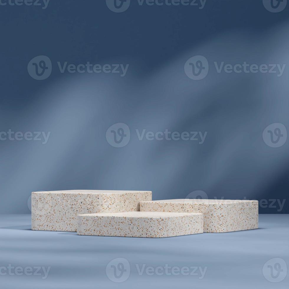 3d render template mockup of terrazzo podium in square with blue background and sun shadow photo