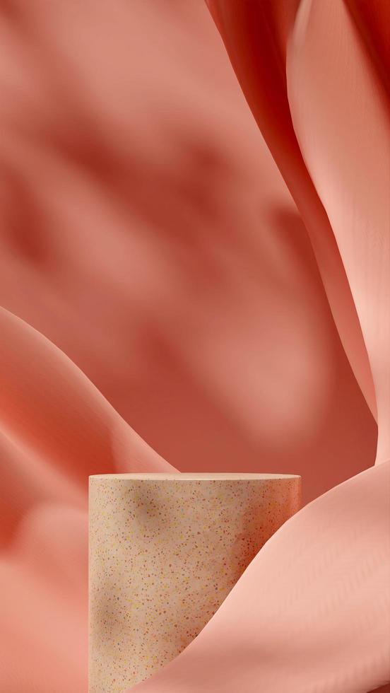 Beautifully shaped red cloth in sun with brown terrazzo texture podium 3d rendering mockup portrait photo
