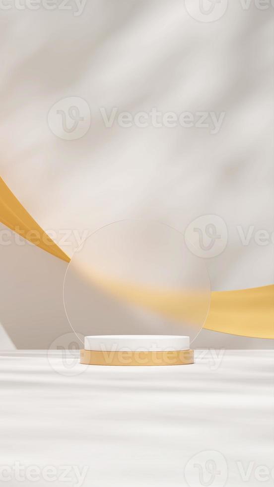 3d mock up render template of white and yellow podium in portrait with frosted glass and curtain photo