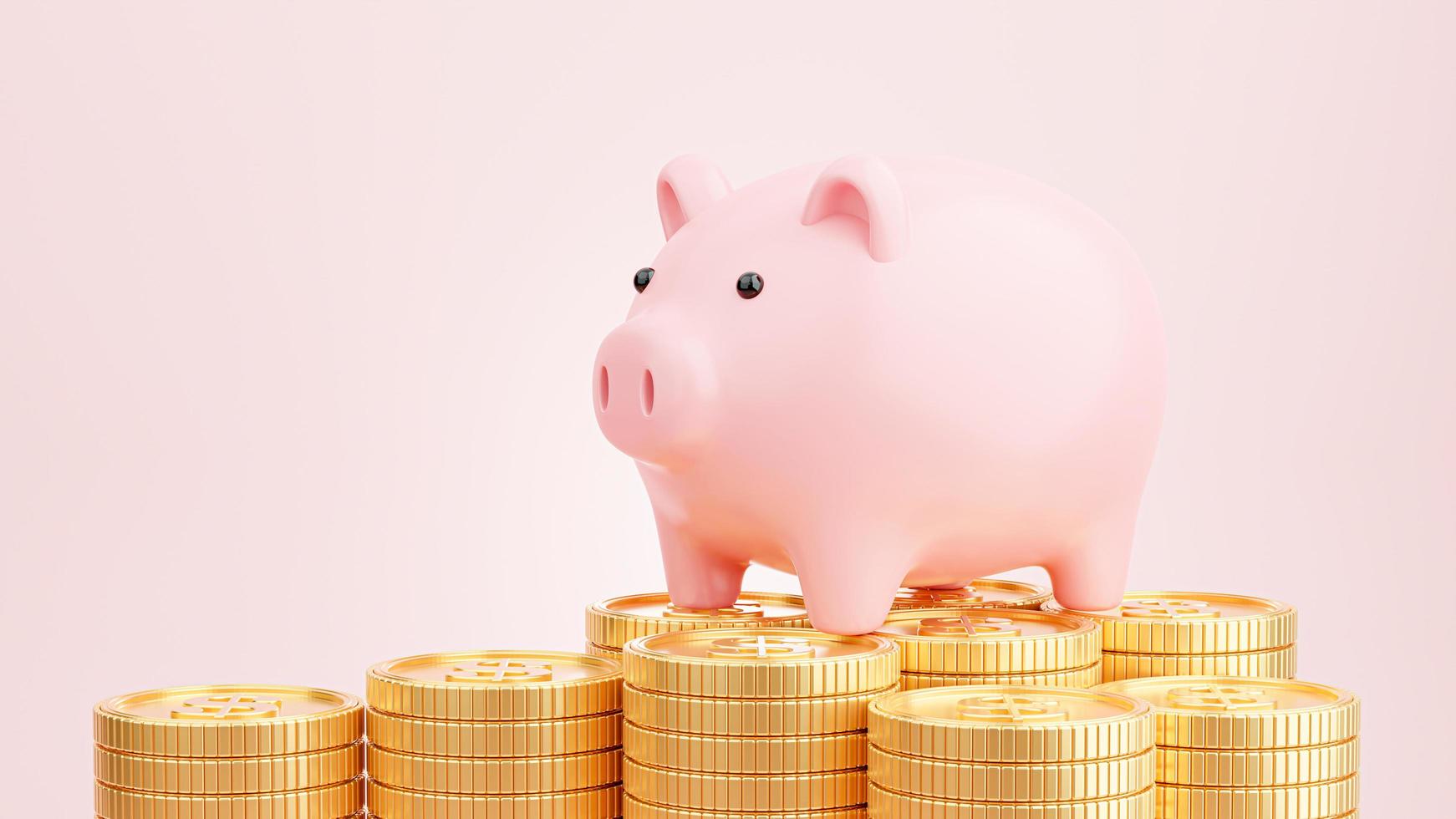 3d render of pink piggy bank with gold coins stacking for saving money concept photo