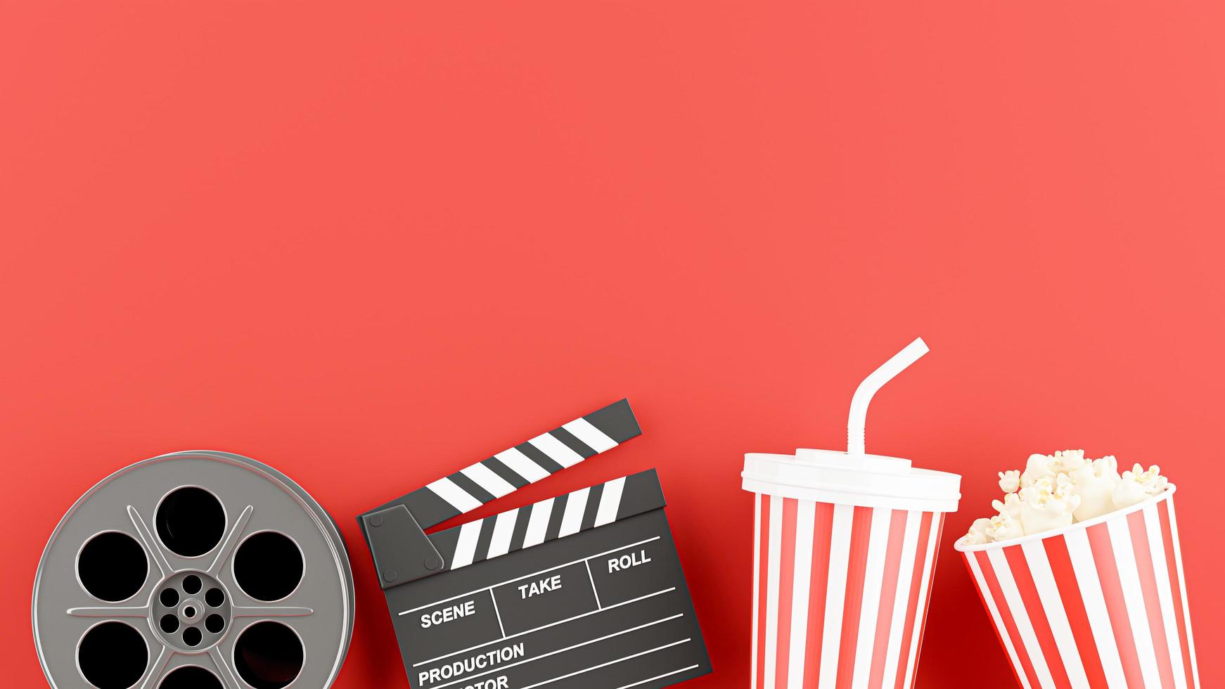 Representación 3d del tiempo de cine con carrete de película, claqueta, taza de bebida, palomitas de maíz foto