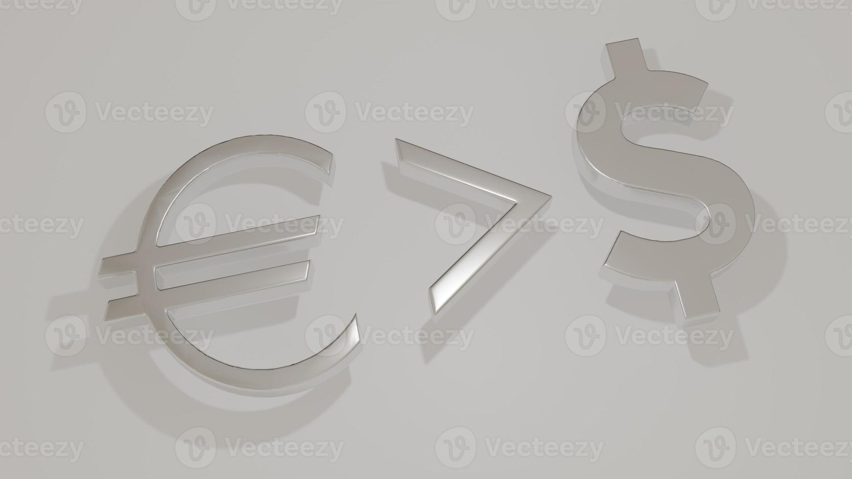 3D rendering. Euro and dollar currency symbols between which mathematical sign is larger. Fluctuations in stock market when euro is more expensive than dollar. photo