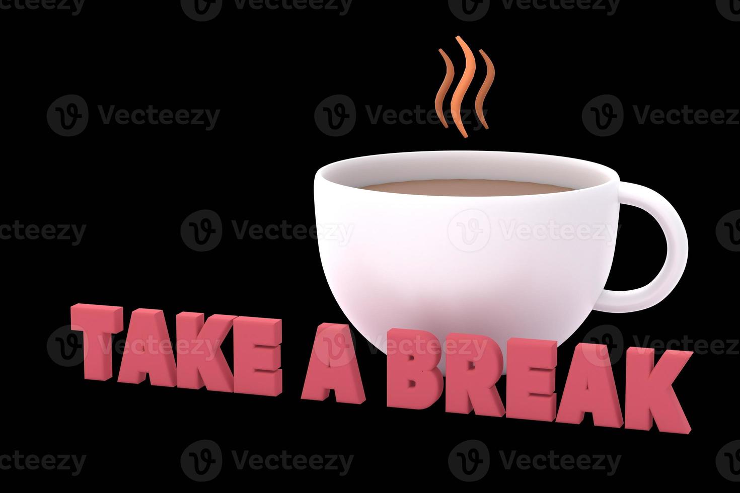 Inscription TAKE A BREAK on background of white cup with aromatic coffee. 3D renderer photo