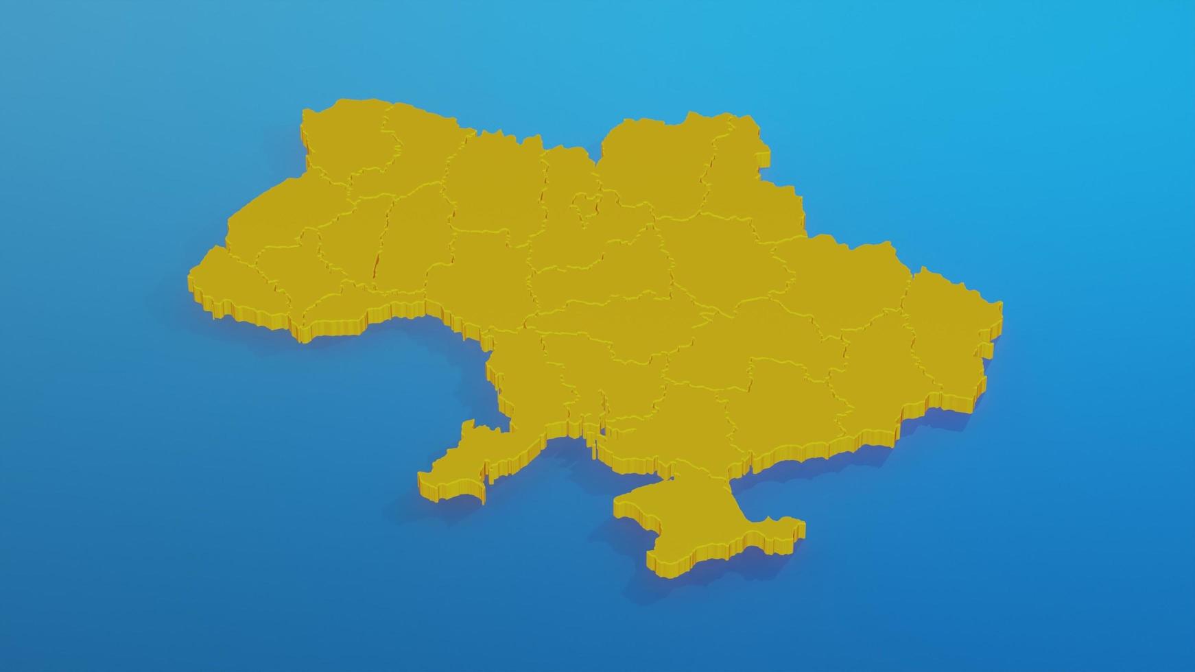 representación 3d mapa de ucrania en color amarillo en el que se dibujan las regiones, sobre fondo azul. foto