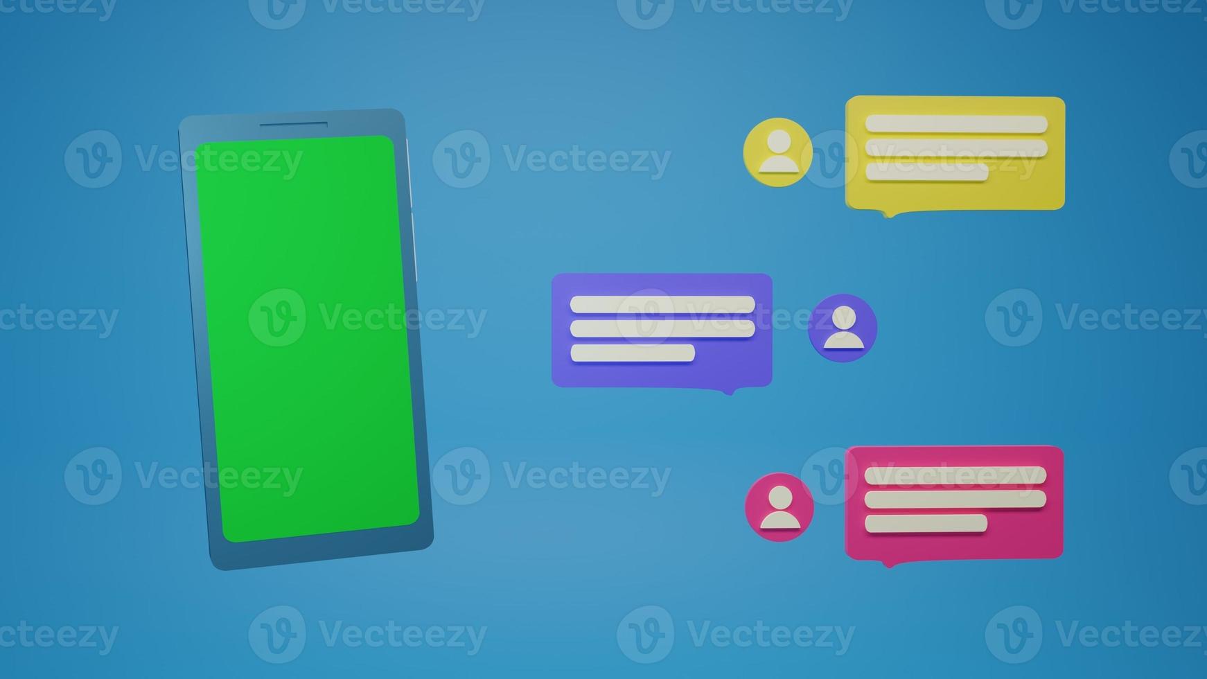 Phone with green screen on blue background. Next to bubbles of text messages in chat. photo