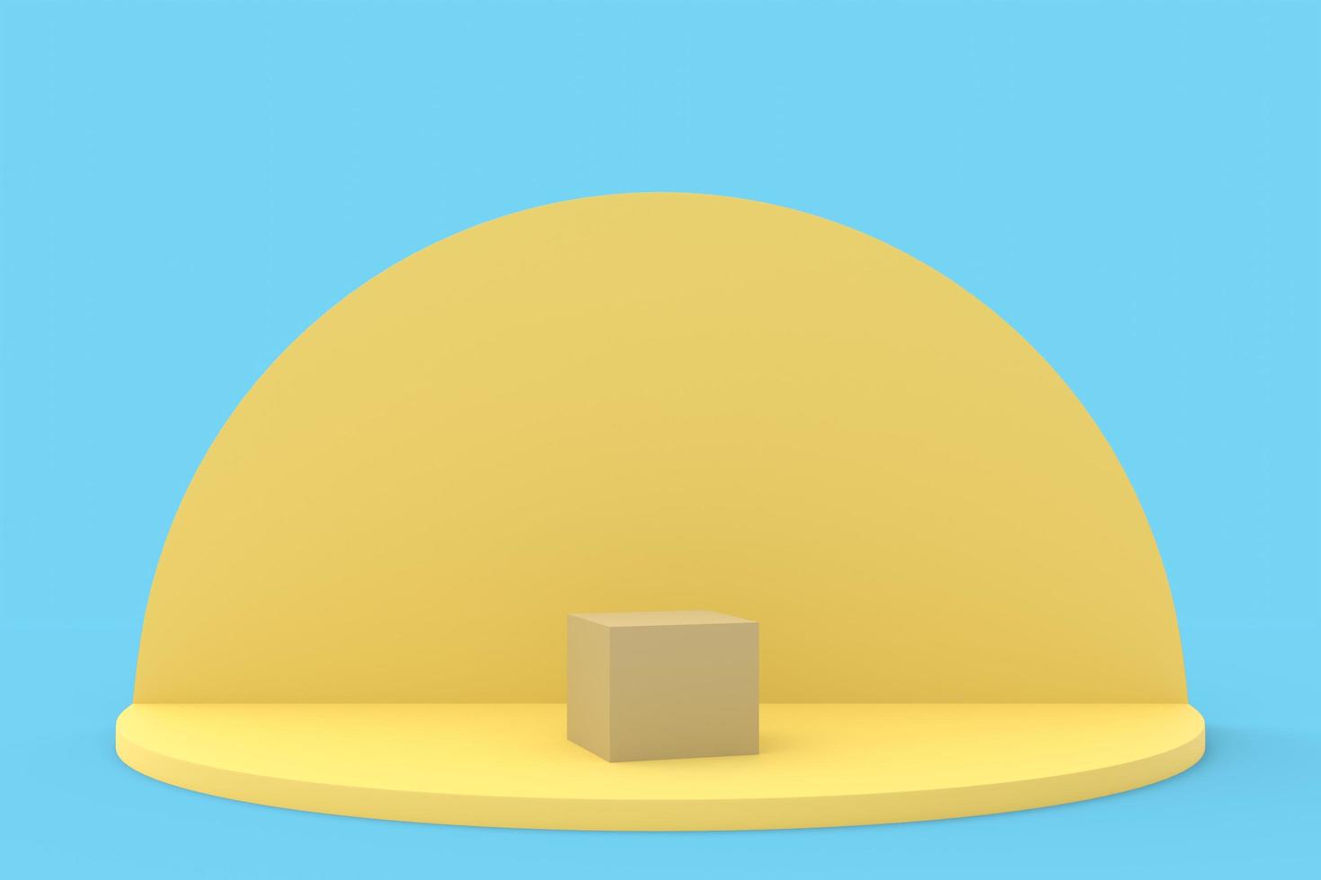 Yellow scene in 3D space in middle of which there is cube on which you can put something. 3D render. photo