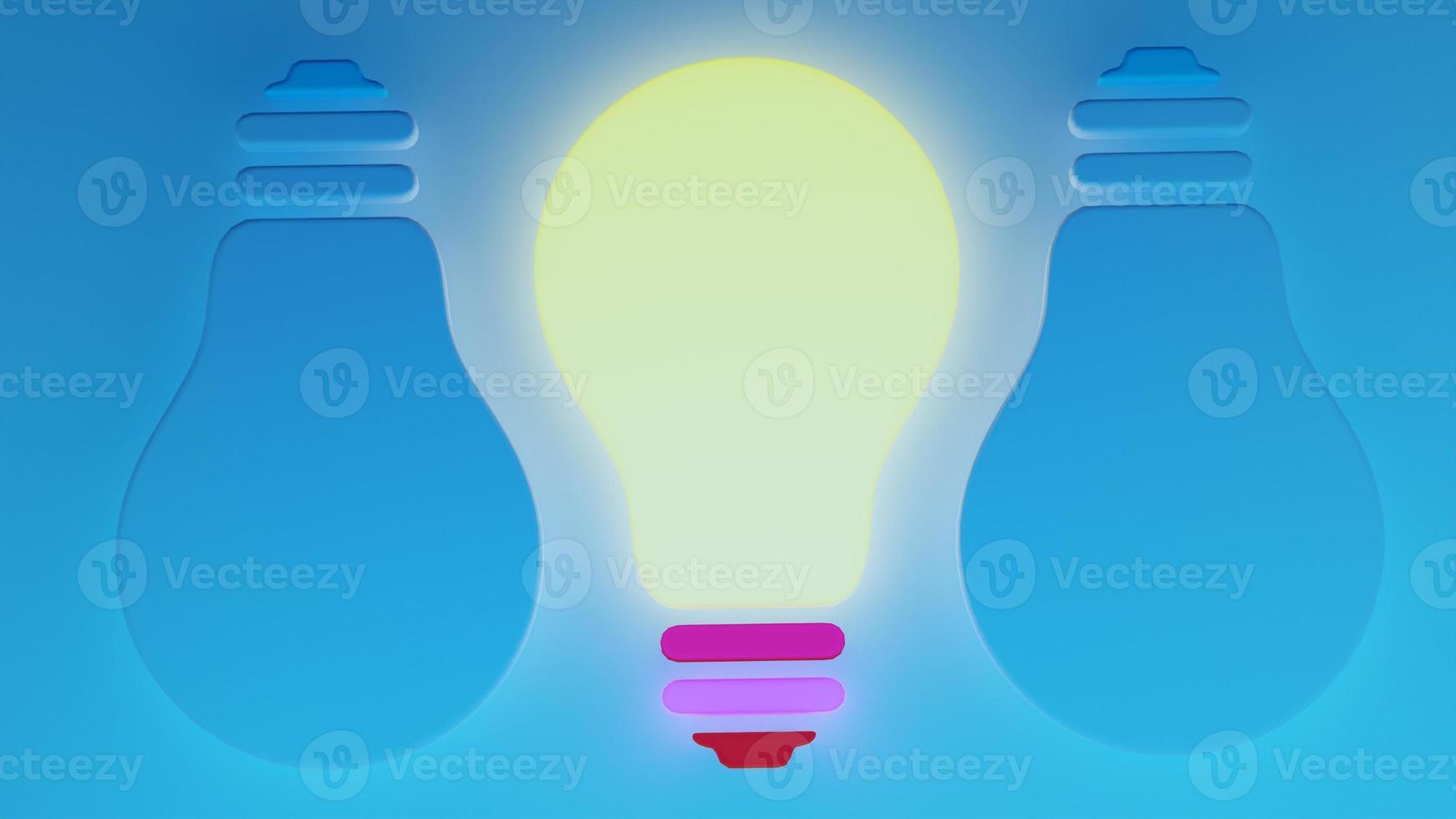 Three lamps on blue background. One of which, in center, glows yellow, other two are inverted and do not glow. photo