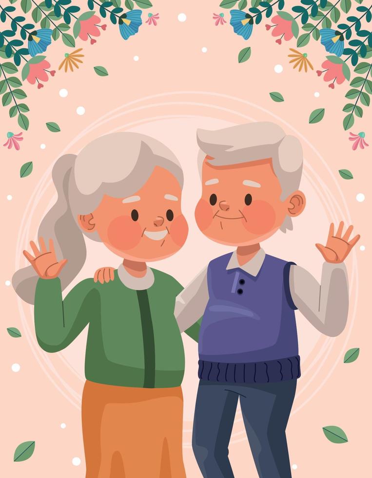 old lovers couple and flowers vector