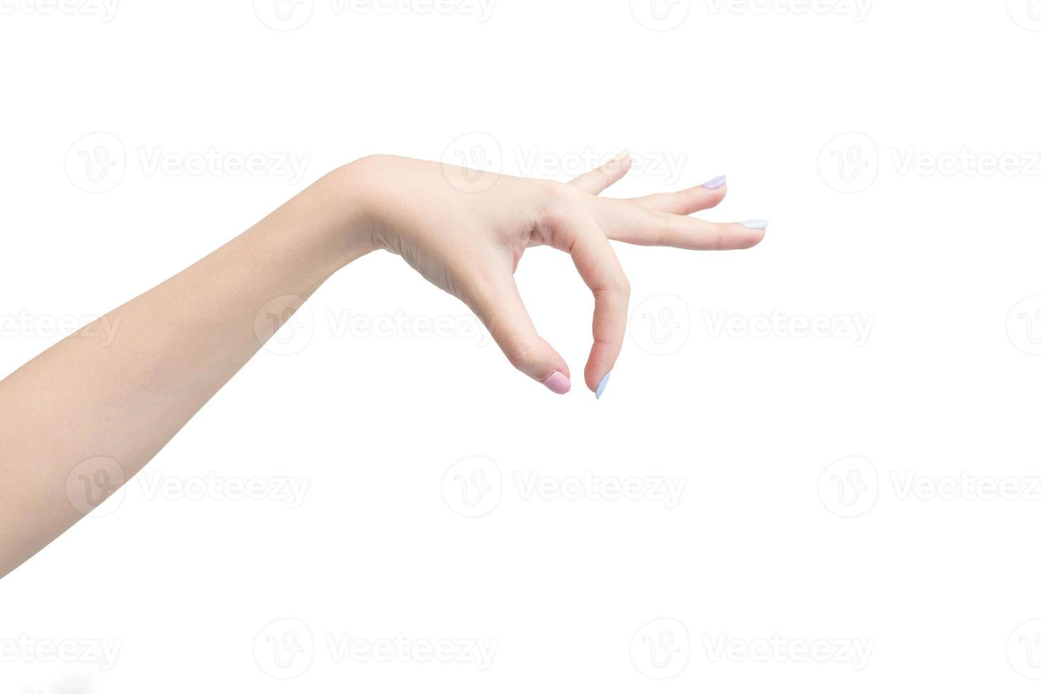 Woman hand poses or acts like a picking something isolated on white background photo
