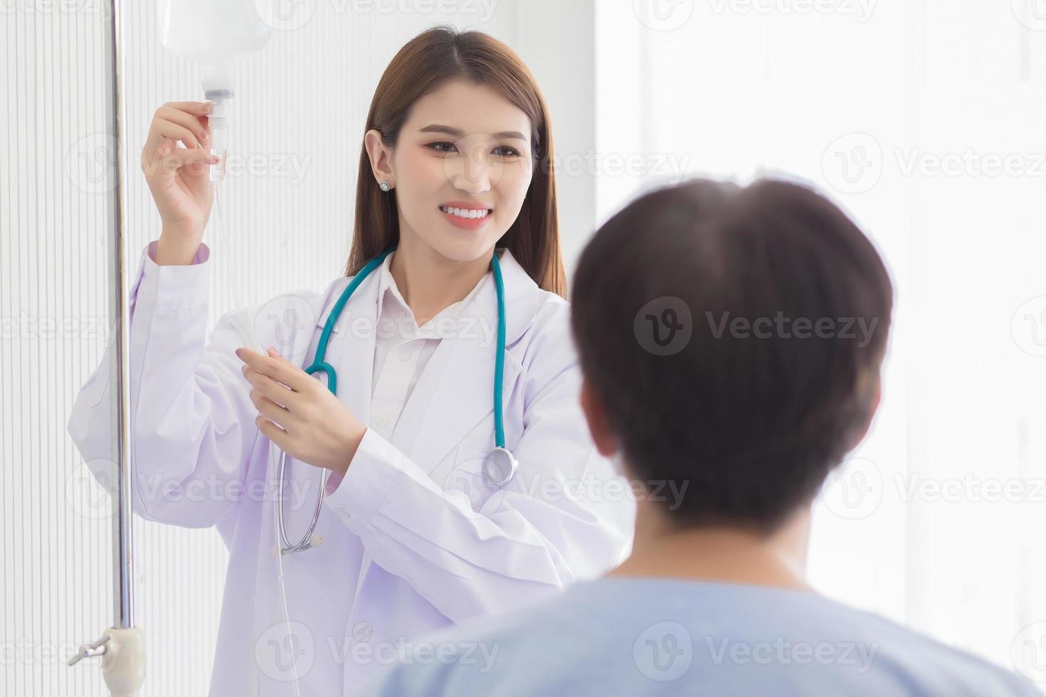 Coronavirus protection concept. Asian female doctor  Looking at a drop of saline solution for patients photo