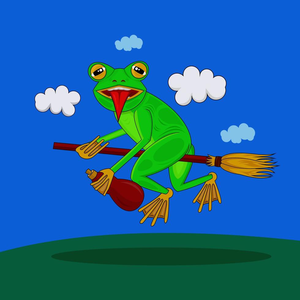 lindo personaje, la rana está montando un palo de escoba, adecuado para libros infantiles, ropa, íconos, etc. vector